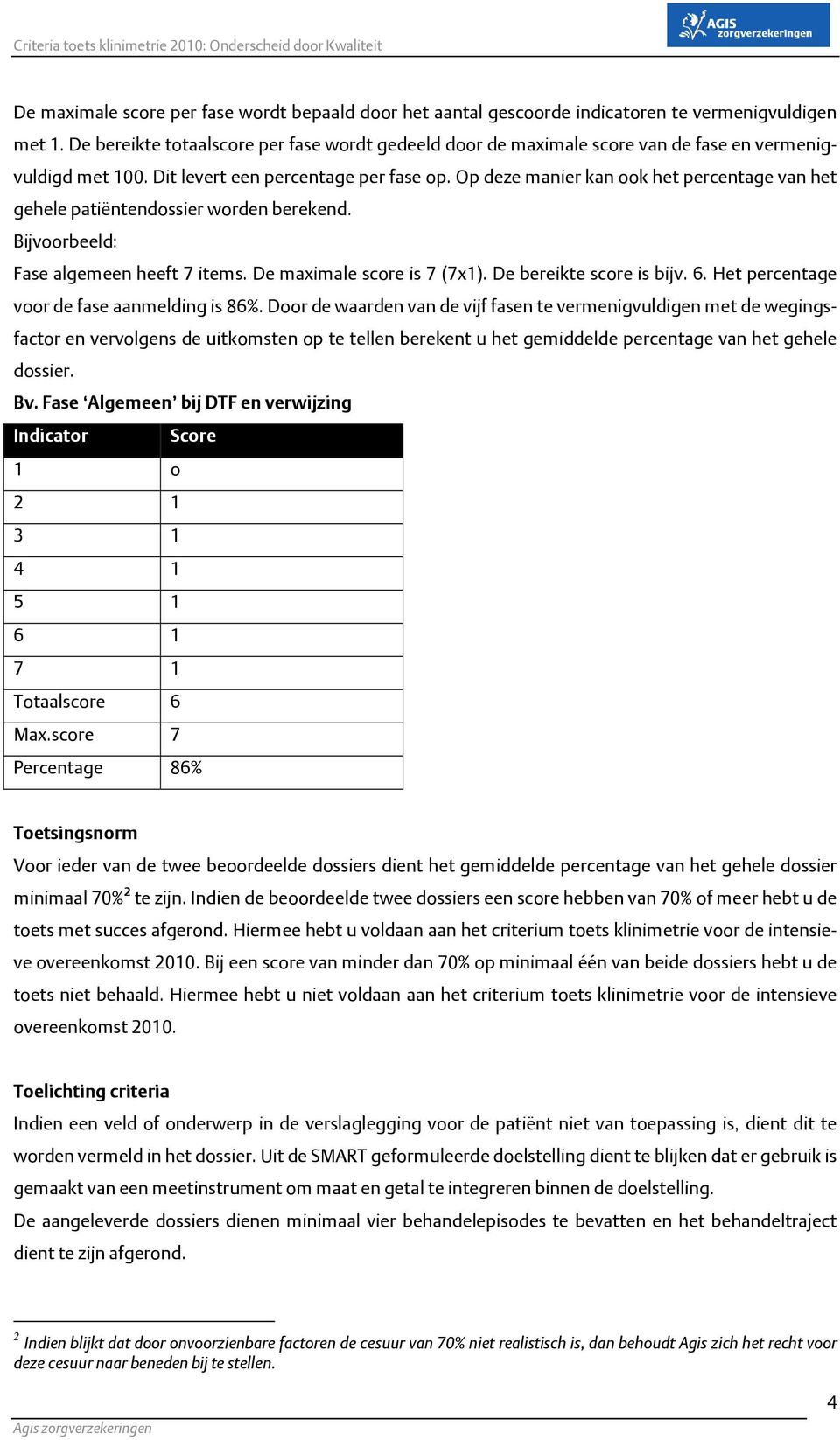 Op deze manier kan ook het percentage van het gehele patiëntendossier worden berekend. Bijvoorbeeld: Fase algemeen heeft 7 items. De maximale score is 7 (7x1). De bereikte score is bijv. 6.