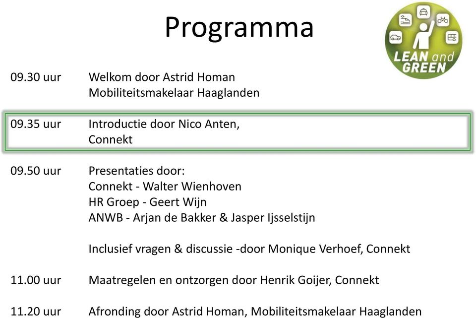 50 uur Presentaties door: Connekt - Walter Wienhoven HR Groep - Geert Wijn ANWB - Arjan de Bakker & Jasper