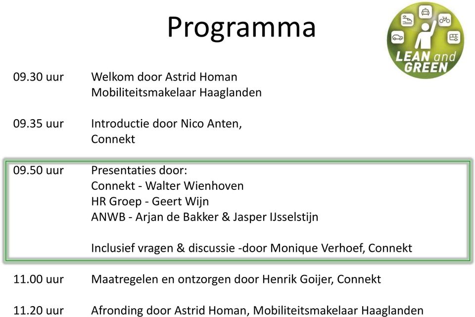 50 uur Presentaties door: Connekt - Walter Wienhoven HR Groep - Geert Wijn ANWB - Arjan de Bakker & Jasper