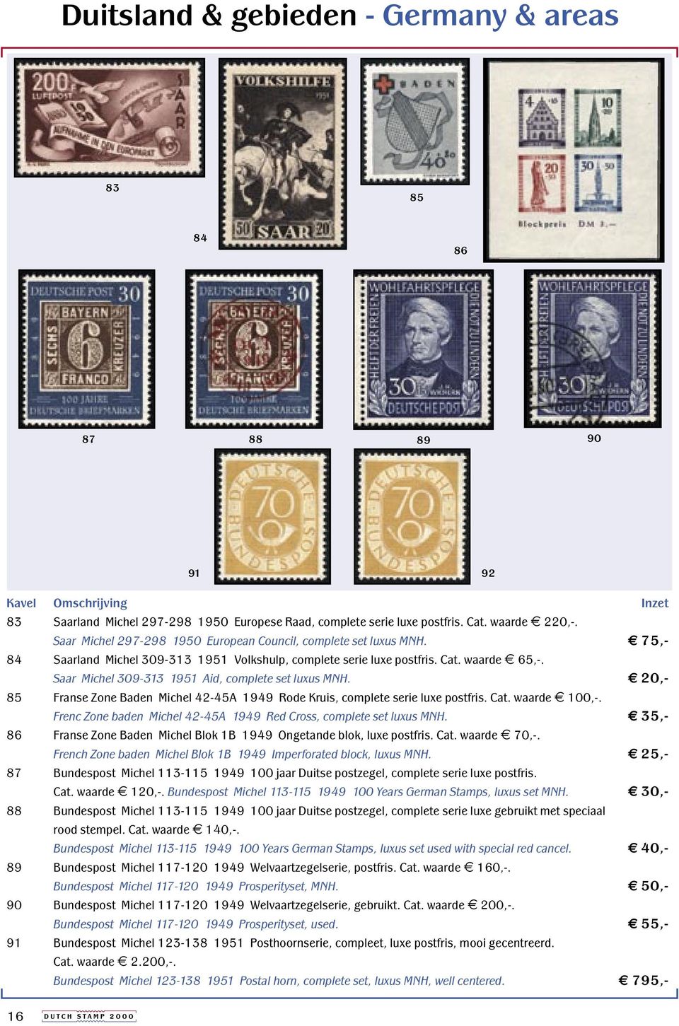 Saar Michel 309-313 1951 Aid, complete set luxus MNH. 20,- 85 Franse Zone Baden Michel 42-45A 1949 Rode Kruis, complete serie luxe postfris. Cat. waarde 100,-.