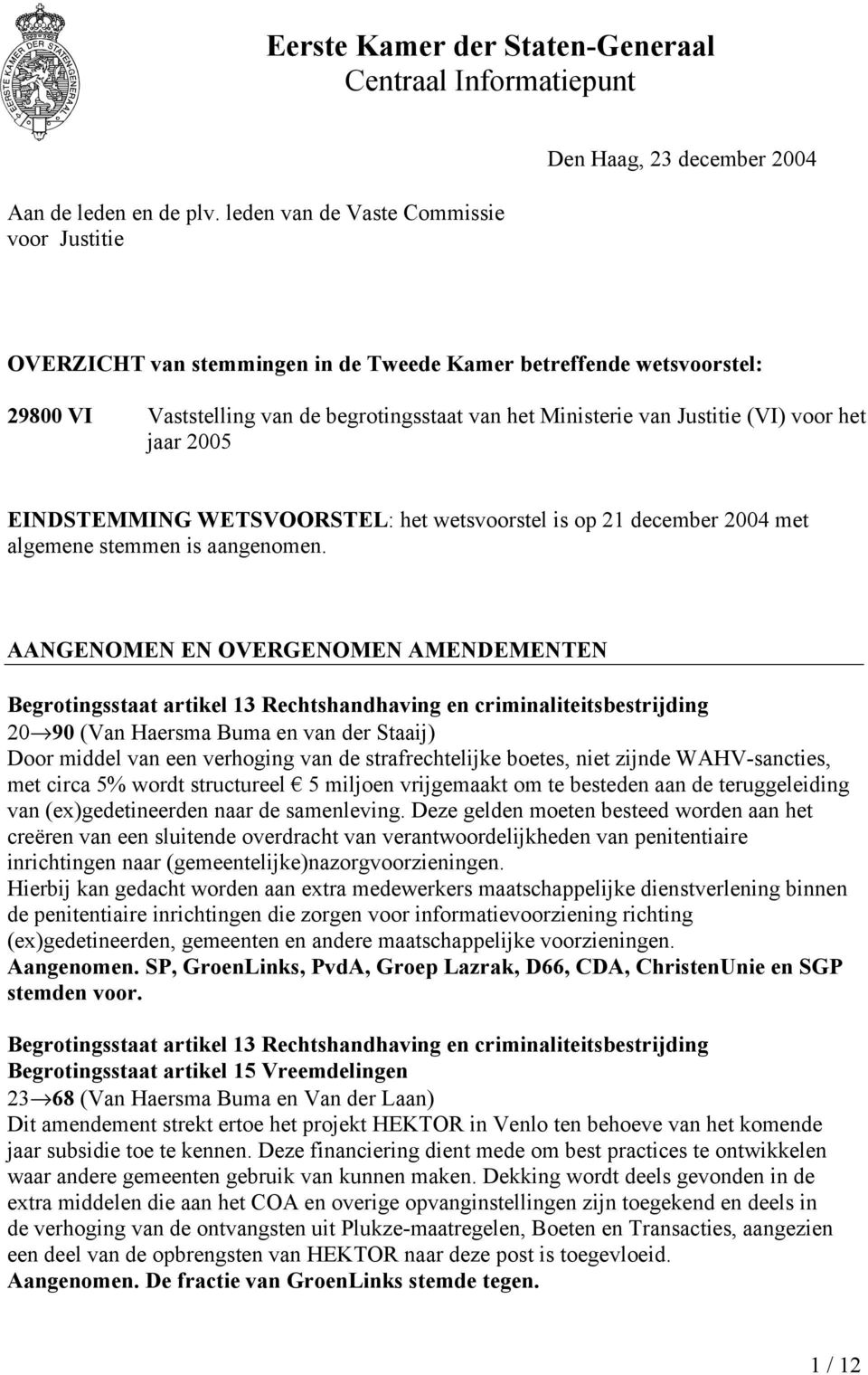 Ministerie van Justitie (VI) voor het jaar 2005 EINDSTEMMING WETSVOORSTEL: het wetsvoorstel is op 21 december 2004 met algemene stemmen is aangenomen.