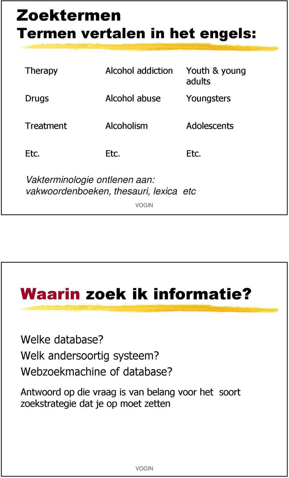 Etc. Etc. Vakterminologie ontlenen aan: vakwoordenboeken, thesauri, lexica etc Waarin zoek ik informatie?