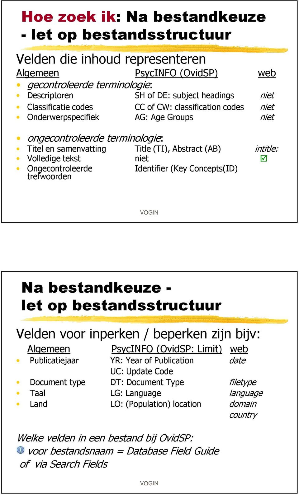 niet Ongecontroleerde trefwoorden Identifier (Key Concepts(ID) Na bestandkeuze - let op bestandsstructuur Velden voor inperken / beperken zijn bijv: Algemeen PsycINFO (OvidSP: Limit) web