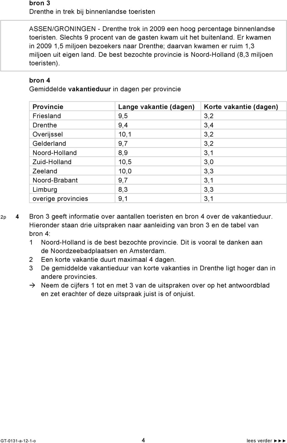 bron 4 Gemiddelde vakantieduur in dagen per provincie Provincie Lange vakantie (dagen) Korte vakantie (dagen) Friesland 9,5 3,2 Drenthe 9,4 3,4 Overijssel 10,1 3,2 Gelderland 9,7 3,2 Noord-Holland