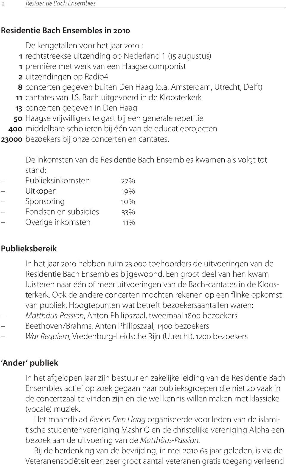 Bach uitgevoerd in de Kloosterkerk 13 concerten gegeven in Den Haag 50 Haagse vrijwilligers te gast bij een generale repetitie 400 middelbare scholieren bij één van de educatieprojecten 23000