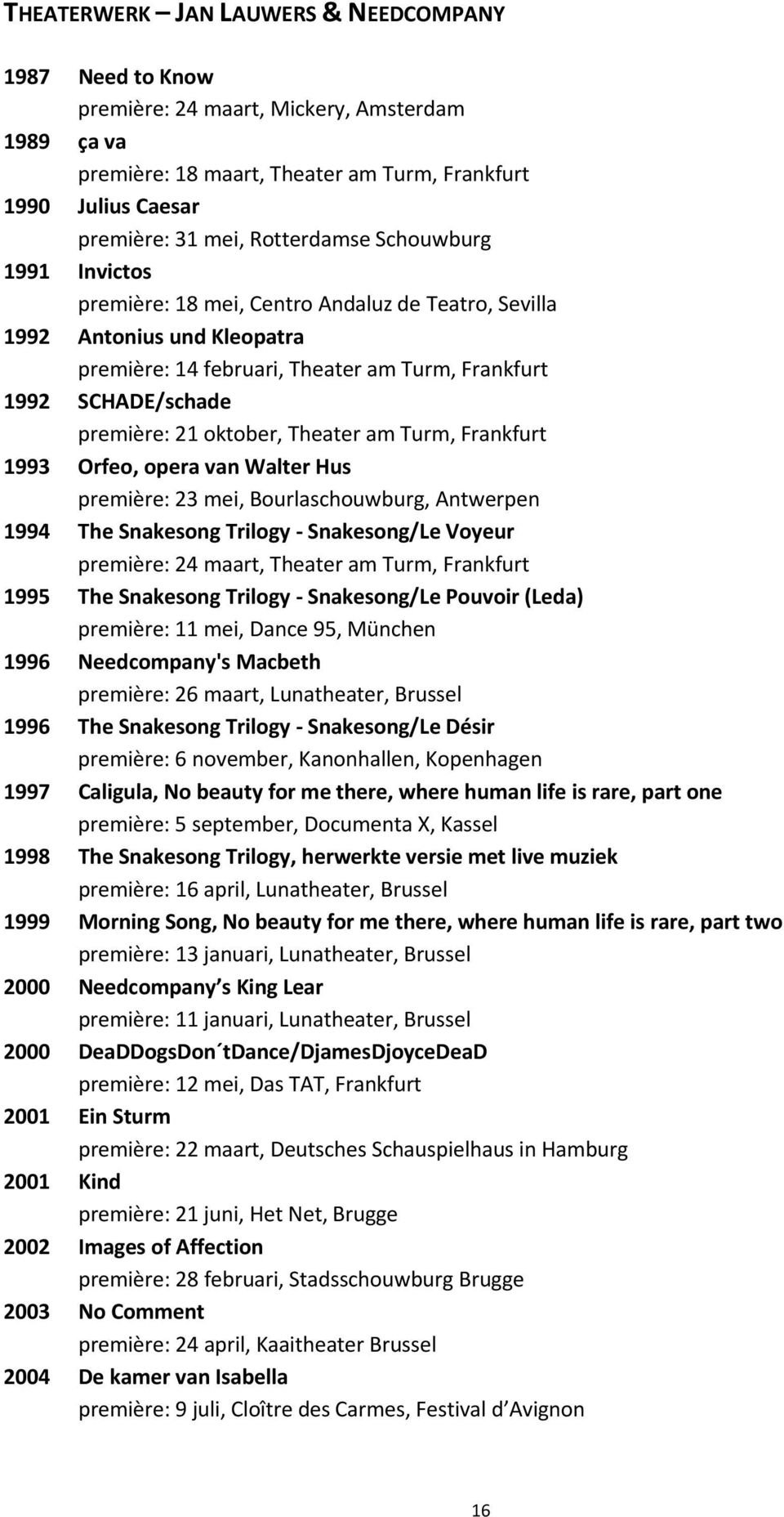 oktober, Theater am Turm, Frankfurt 1993 Orfeo, opera van Walter Hus première: 23 mei, Bourlaschouwburg, Antwerpen 1994 The Snakesong Trilogy Snakesong/Le Voyeur première: 24 maart, Theater am Turm,