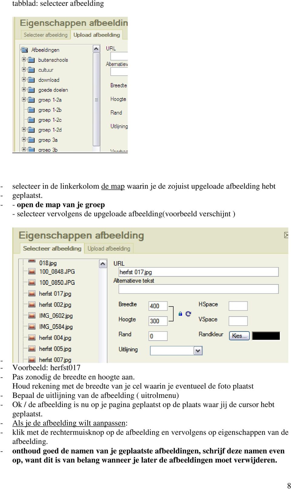 Houd rekening met de breedte van je cel waarin je eventueel de foto plaatst - Bepaal de uitlijning van de afbeelding ( uitrolmenu) - Ok / de afbeelding is nu op je pagina geplaatst op de plaats waar