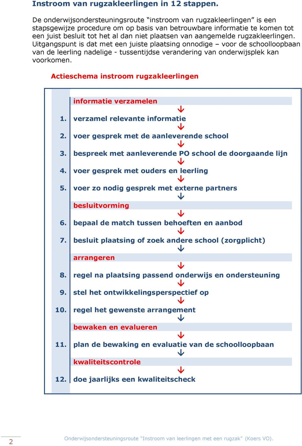 aangemelde rugzakleerlingen. Uitgangspunt is dat met een juiste plaatsing onnodige voor de schoolloopbaan van de leerling nadelige - tussentijdse verandering van onderwijsplek kan voorkomen.