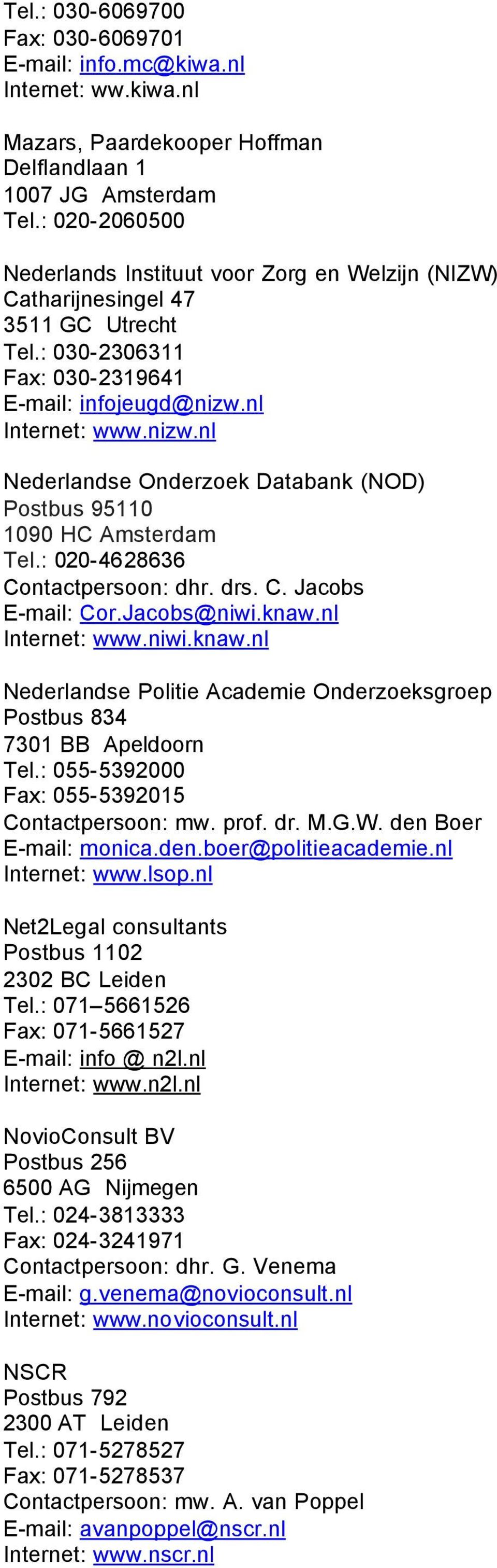 nl Internet: www.nizw.nl Nederlandse Onderzoek Databank (NOD) Postbus 95110 1090 HC Amsterdam Tel.: 020-4628636 Contactpersoon: dhr. drs. C. Jacobs E-mail: Cor.Jacobs@niwi.knaw.