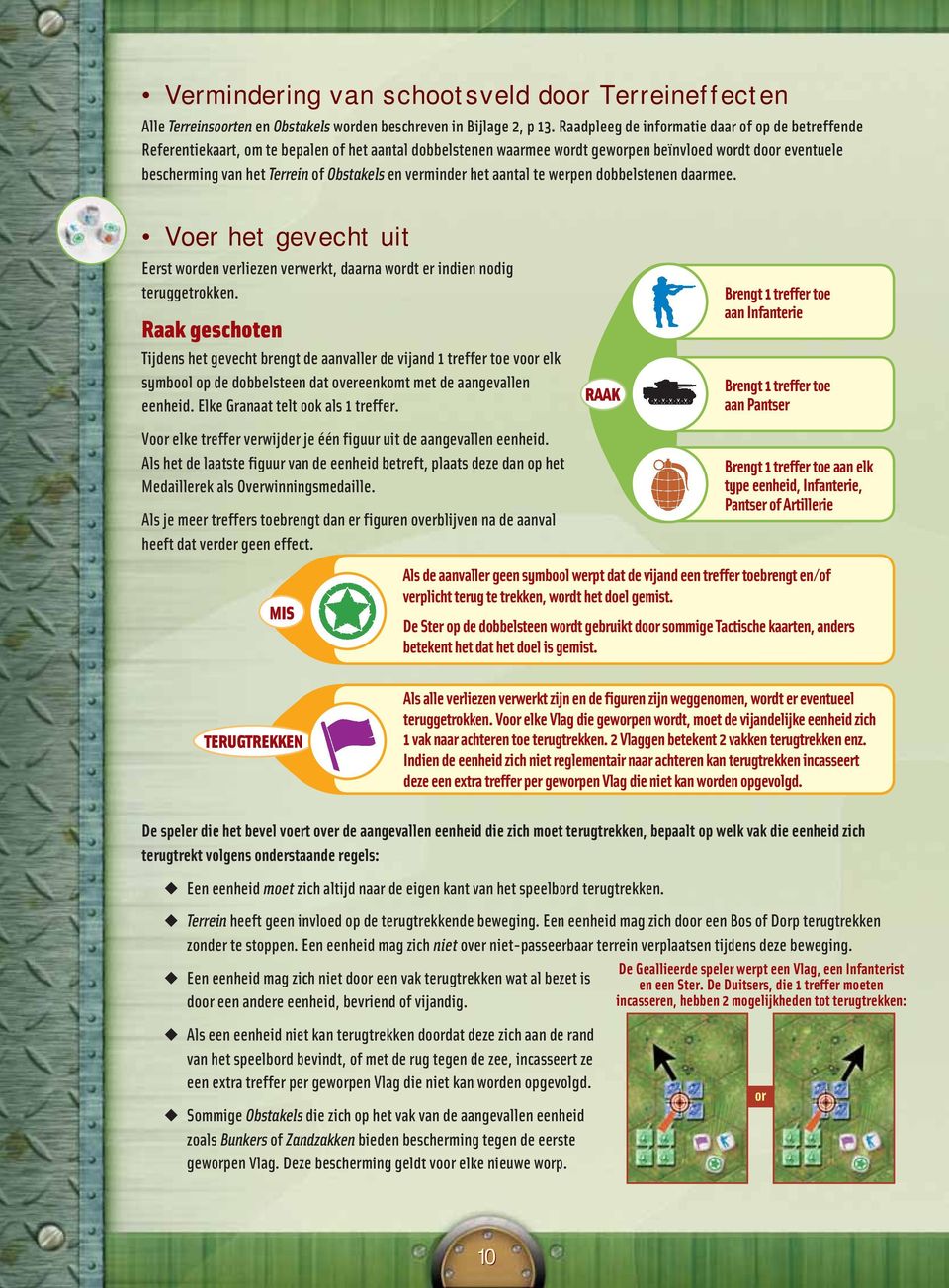 Obstakels en verminder het aantal te werpen dobbelstenen daarmee. Voer het gevecht uit Eerst worden verliezen verwerkt, daarna wordt er indien nodig teruggetrokken.