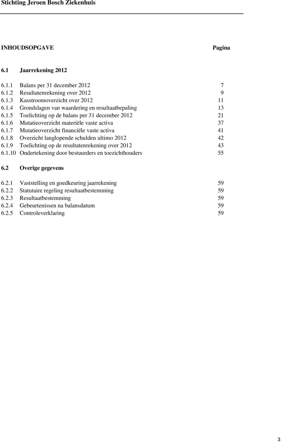 1.9 Toelichting op de resultatenrekening over 2012 43 6.1.10 Ondertekening door bestuurders en toezichthouders 55 6.2 Overige gegevens 6.2.1 Vaststelling en goedkeuring jaarrekening 59 6.