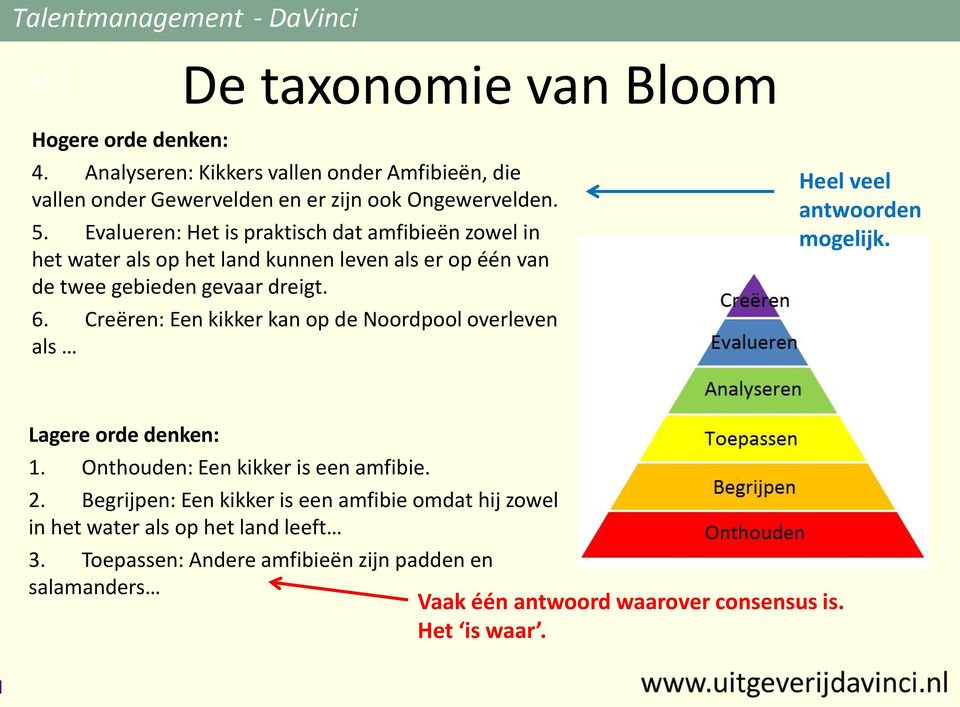 Creëren: Een kikker kan op de Noordpool overleven als Heel veel antwoorden mogelijk. Lagere orde denken: 1. Onthouden: Een kikker is een amfibie. 2.