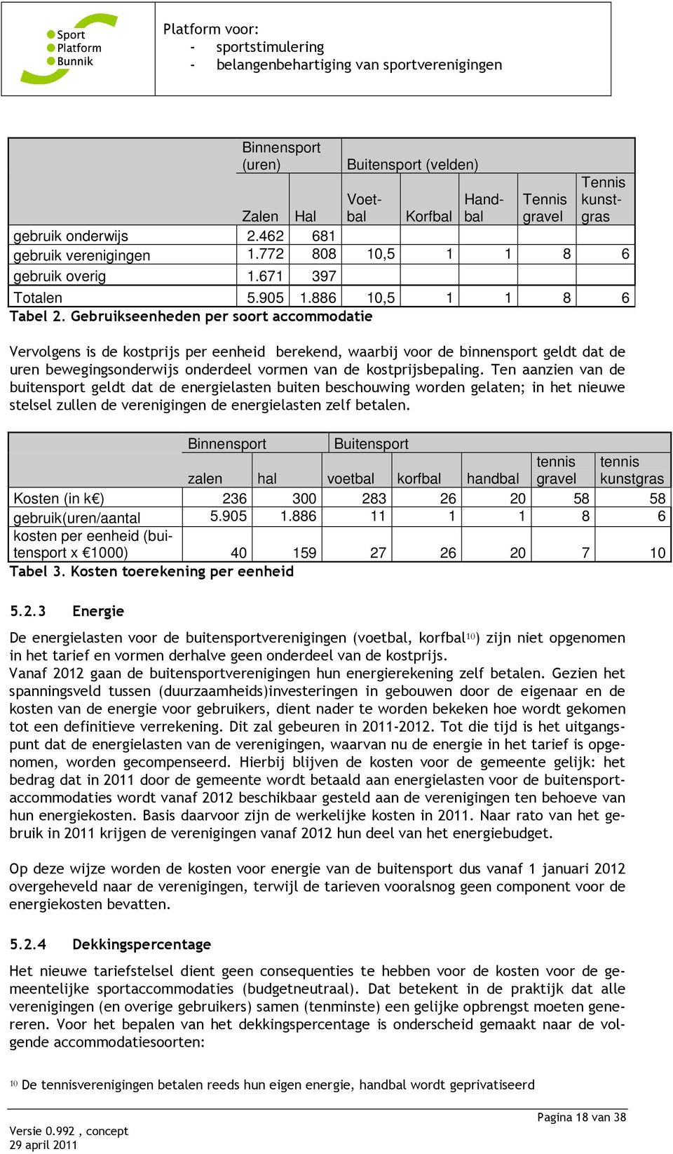 Gebruikseenheden per soort accommodatie Vervolgens is de kostprijs per eenheid berekend, waarbij voor de binnensport geldt dat de uren bewegingsonderwijs onderdeel vormen van de kostprijsbepaling.