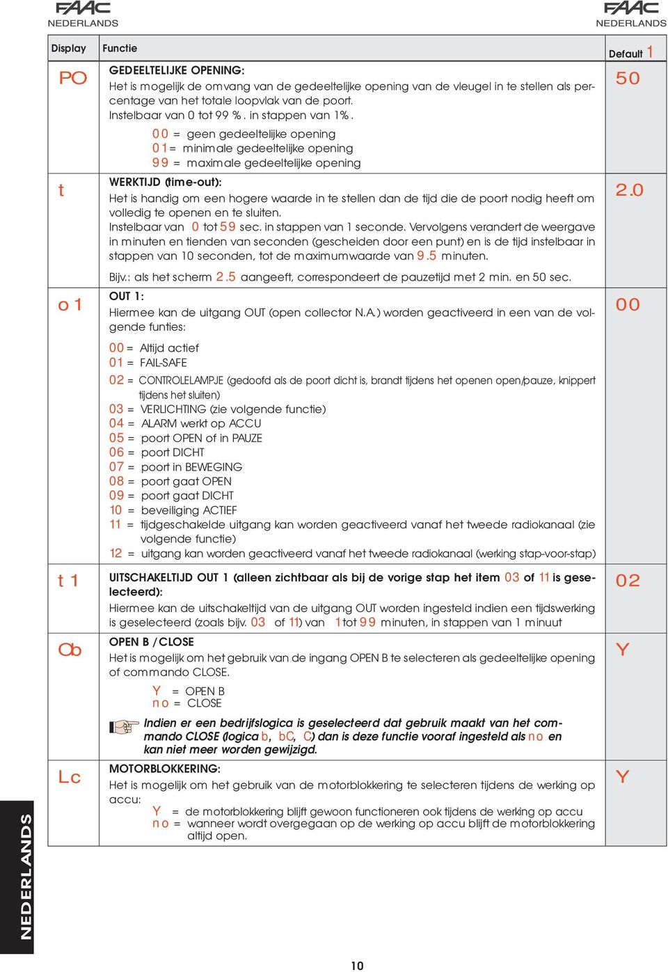 00 = geen gedeeltelijke opening 01 = minimale gedeeltelijke opening 99 = maximale gedeeltelijke opening WERKTIJD (time-out): Het is handig om een hogere waarde in te stellen dan de tijd die de poort