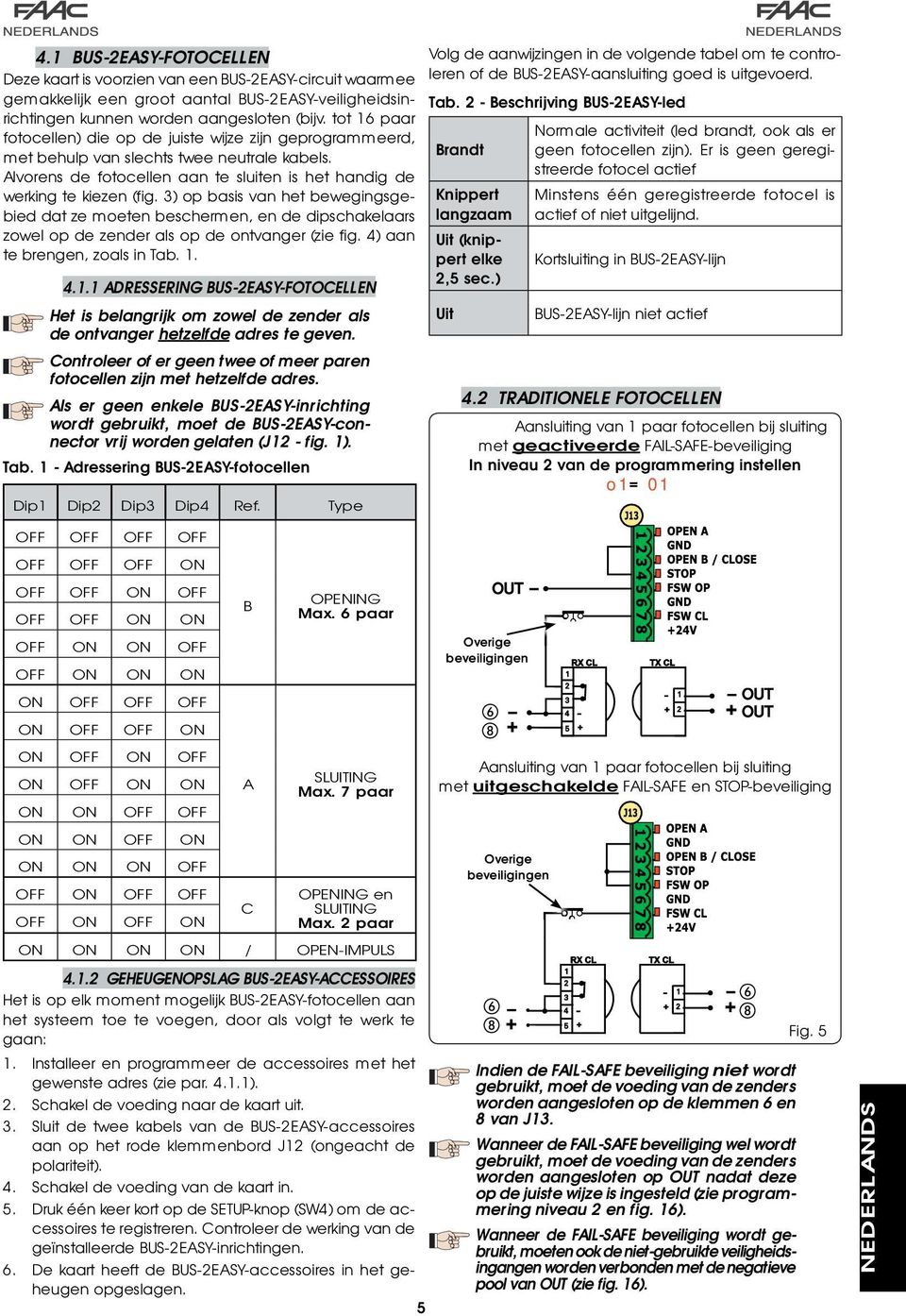 3) op basis van het bewegingsgebied dat ze moeten beschermen, en de dipschakelaars zowel op de zender als op de ontvanger (zie fig. 4) aan te brengen, zoals in Tab. 1.