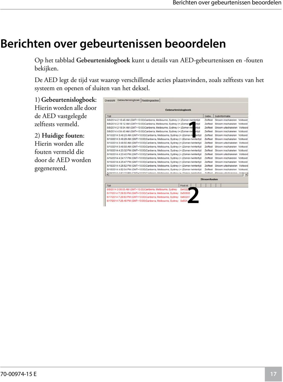 De AED legt de tijd vast waarop verschillende acties plaatsvinden, zoals zelftests van het systeem en openen of sluiten