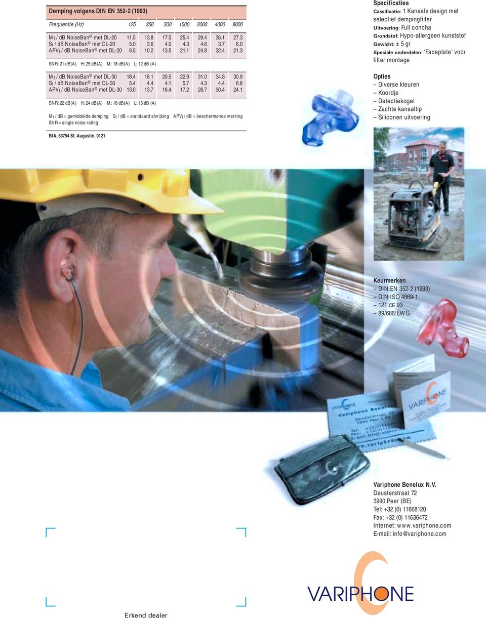 3 Specificaties Cassificatie: 1 Kanaals design met selectief dempingfilter Uitvoering: Full concha Grondstof: Hypo-allergeen kunststof Gewicht: ± 5 gr Speciale onderdelen: Faceplate voor filter