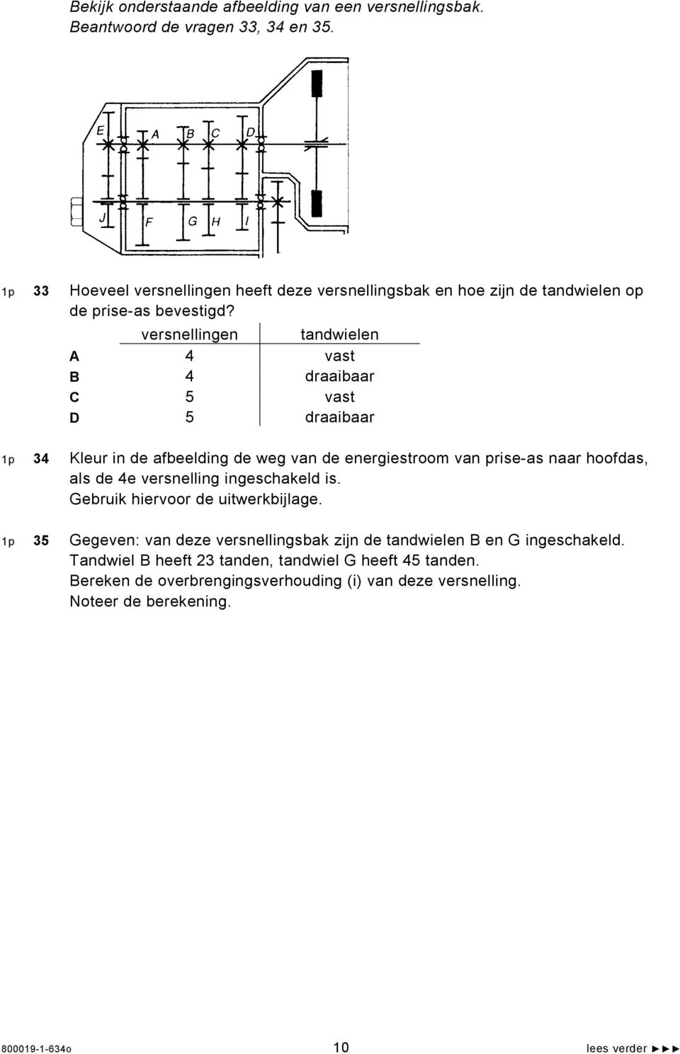 versnellingen tandwielen A 4 vast B 4 draaibaar C 5 vast D 5 draaibaar 1p 34 Kleur in de afbeelding de weg van de energiestroom van prise-as naar hoofdas, als de 4e