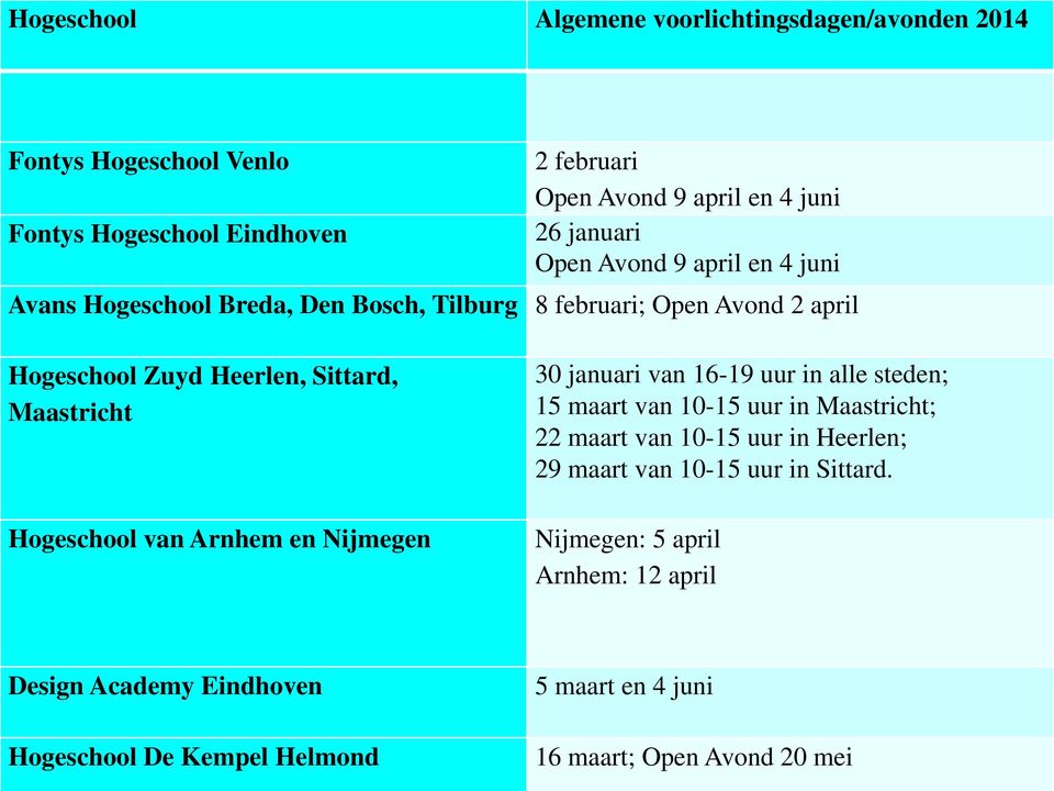 uur in alle steden; 15 maart van 10-15 uur in Maastricht; 22 maart van 10-15 uur in Heerlen; 29 maart van 10-15 uur in Sittard.