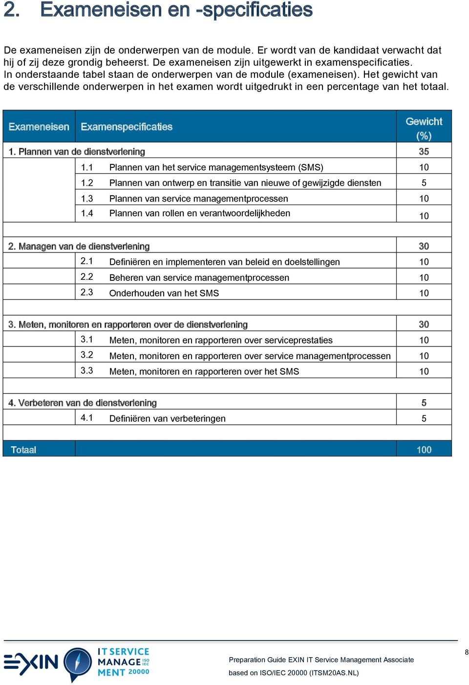 Het gewicht van de verschillende onderwerpen in het examen wordt uitgedrukt in een percentage van het totaal. Exameneisen Examenspecificaties Gewicht (%) 1. Plannen van de dienstverlening 35 1.