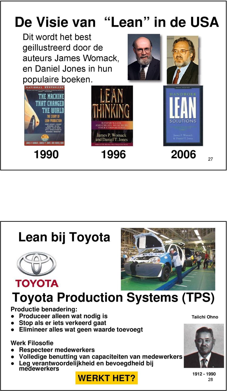 1990 1996 2006 27 Lean bij Toyota Toyota Production Systems (TPS) Productie benadering: Produceer alleen wat nodig is Stop als