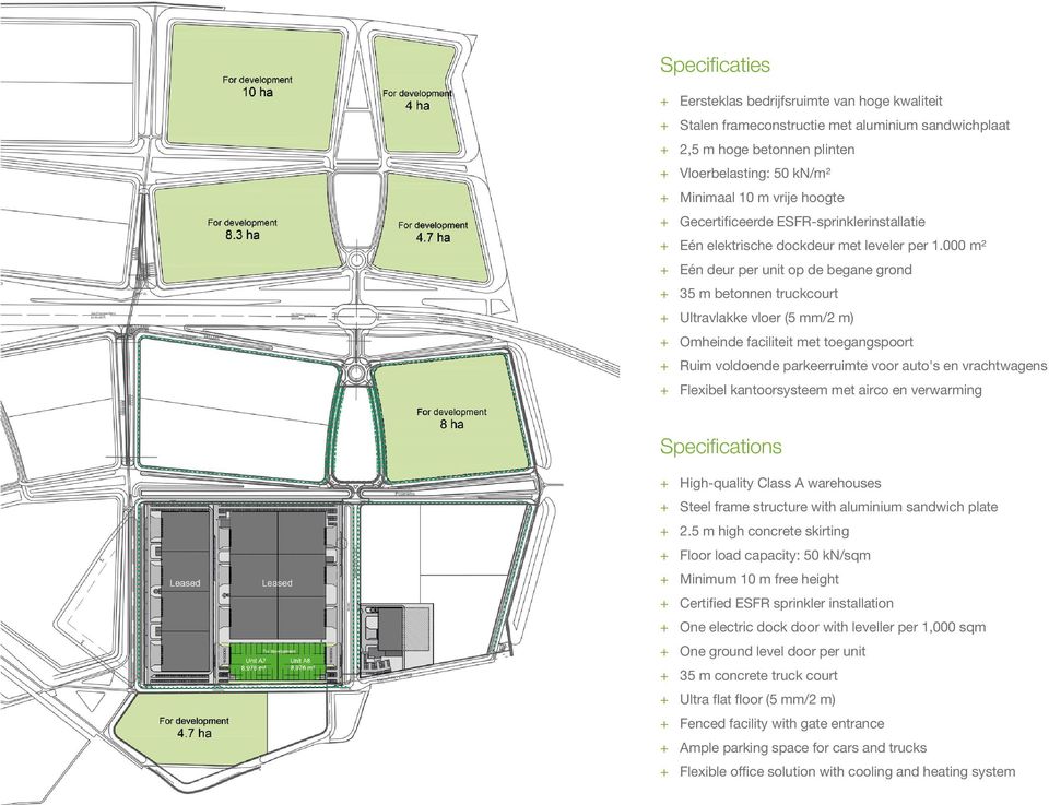 000 m² + + Eén deur per unit op de begane grond + + 35 m betonnen truckcourt + + Ultravlakke vloer (5 mm/2 m) + + Omheinde faciliteit met toegangspoort + + Ruim voldoende parkeerruimte voor auto's en