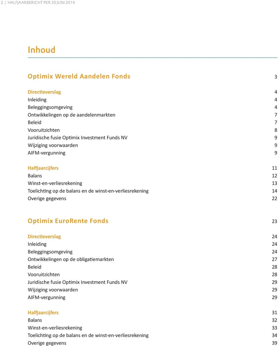 winst-en-verliesrekening 14 Overige gegevens 22 Optimix EuroRente Fonds 23 Directieverslag 24 Inleiding 24 Beleggingsomgeving 24 Ontwikkelingen op de obligatiemarkten 27 Beleid 28 Vooruitzichten 28