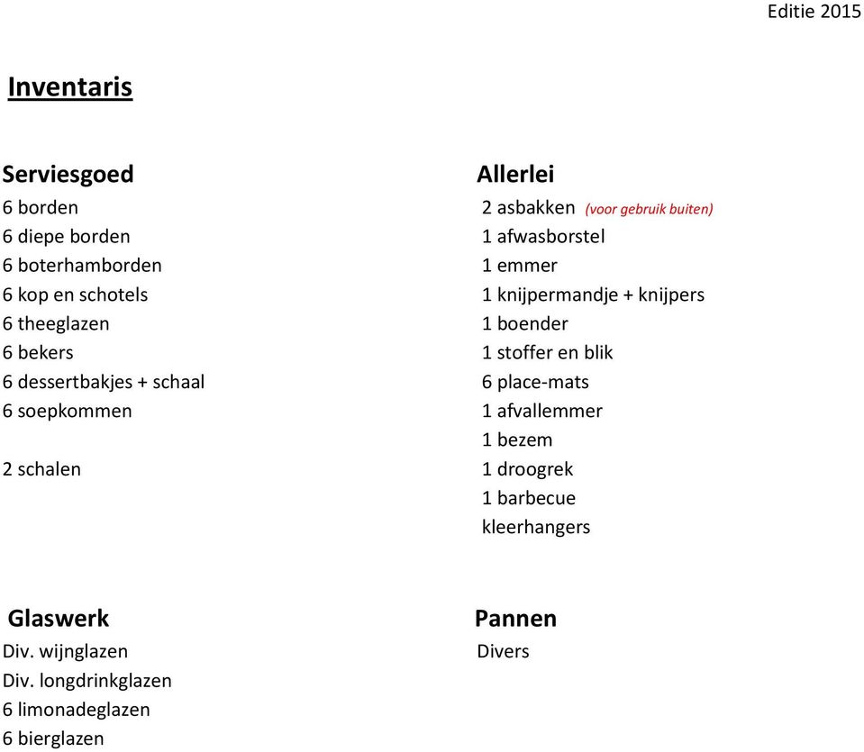 stoffer en blik 6 dessertbakjes + schaal 6 place-mats 6 soepkommen 1 afvallemmer 1 bezem 2 schalen 1