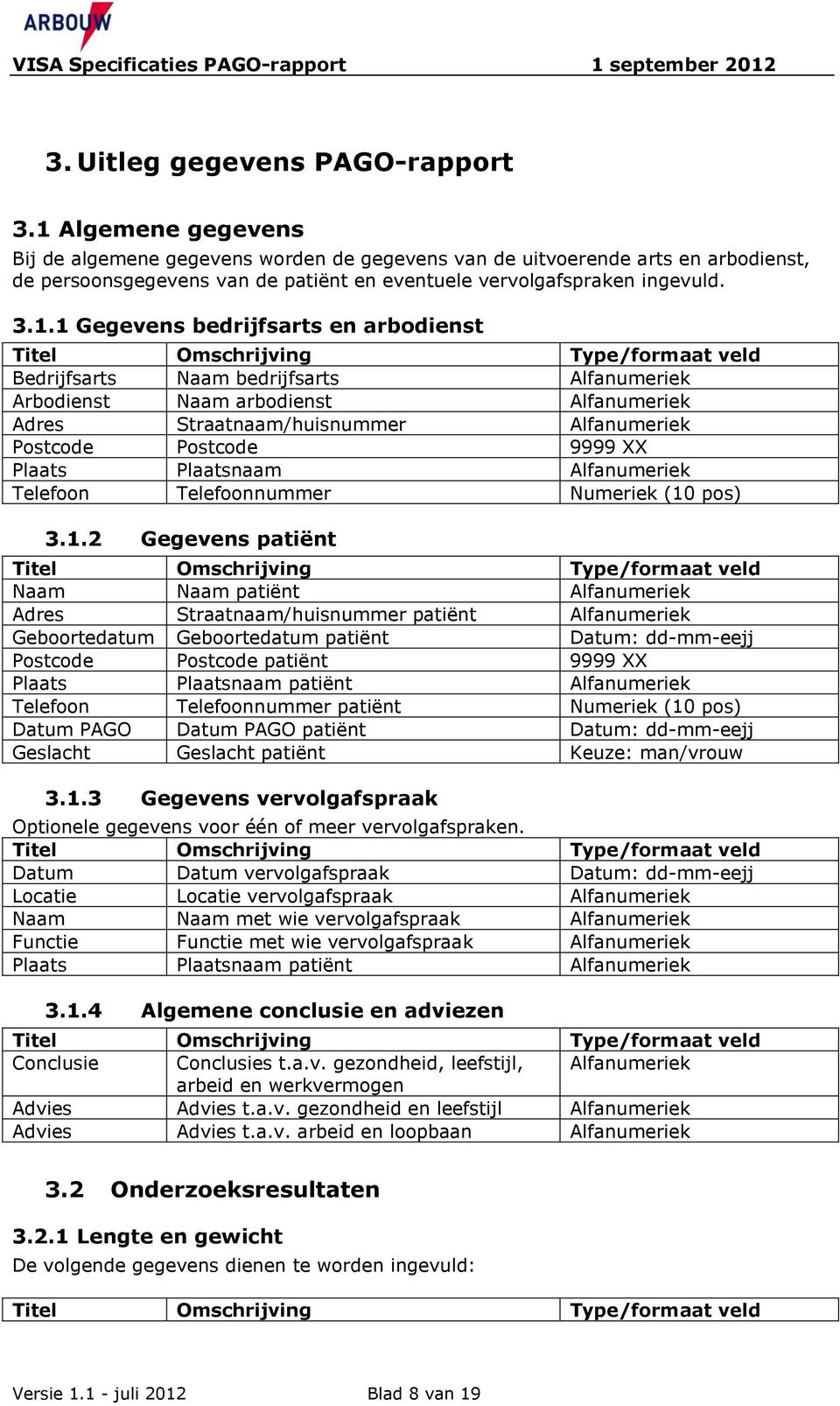 bedrijfsarts en arbodienst Bedrijfsarts Naam bedrijfsarts Alfanumeriek Arbodienst Naam arbodienst Alfanumeriek Adres Straatnaam/huisnummer Alfanumeriek Postcode Postcode 9999 XX Plaats Plaatsnaam