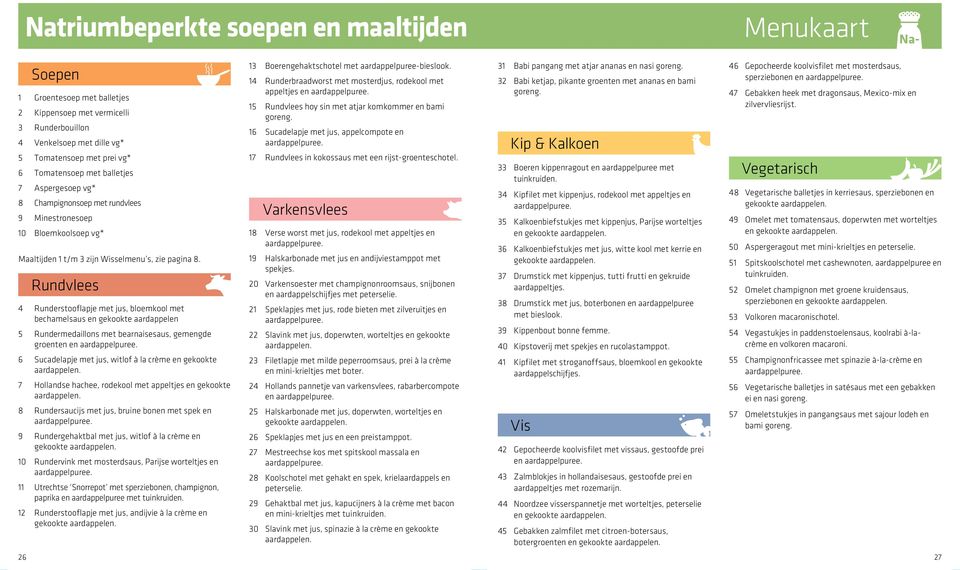 Rundvlees 4 Runderstooflapje met jus, bloemkool met bechamelsaus en gekookte aardappelen 5 Rundermedaillons met bearnaisesaus, gemengde groenten en 6 Sucadelapje met jus, witlof à la crème en