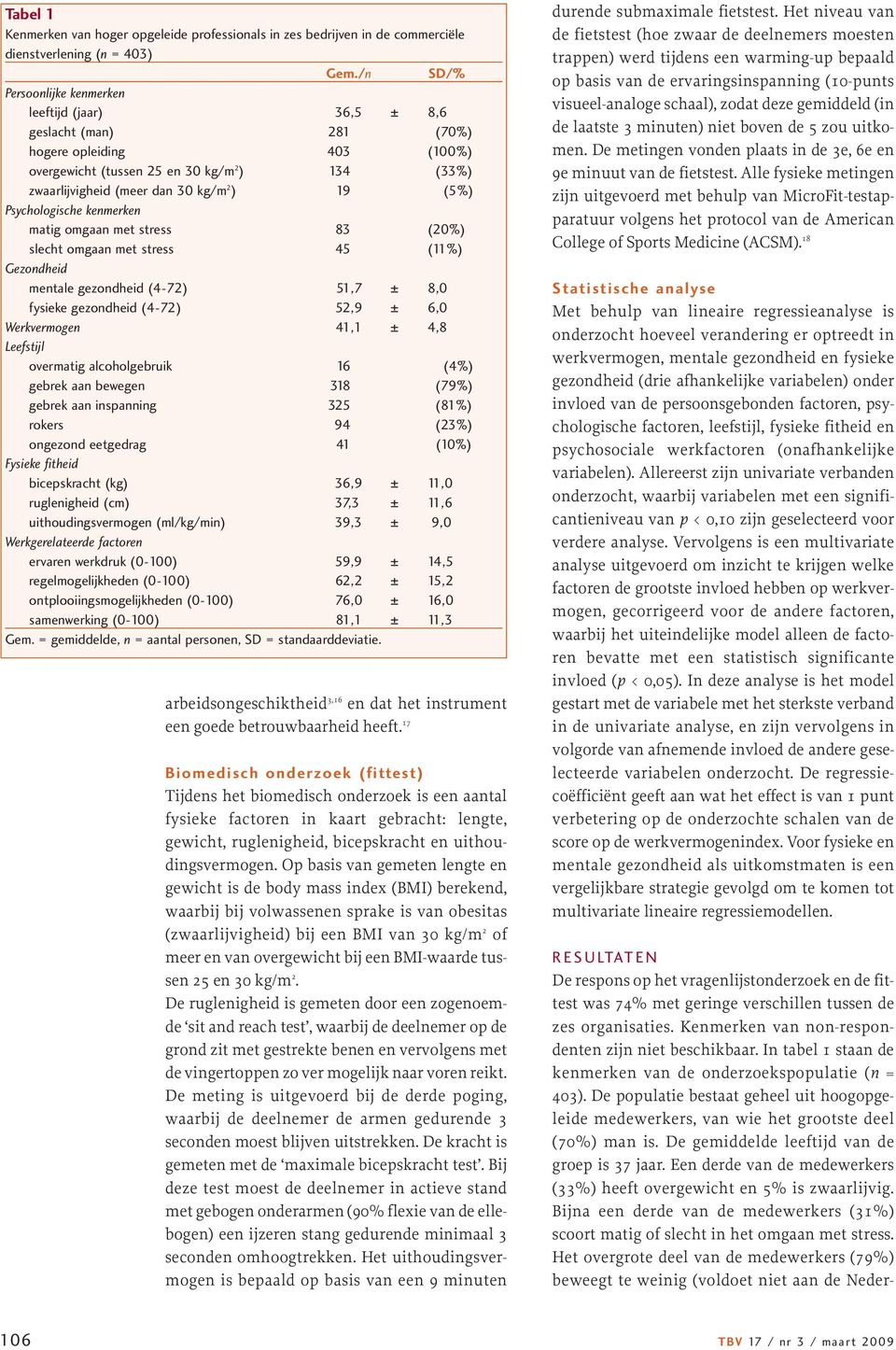 (5%) Psychologische kenmerken matig omgaan met stress 83 (20%) slecht omgaan met stress 45 (11%) Gezondheid mentale gezondheid (4-72) 51,7 ± 8,0 fysieke gezondheid (4-72) 52,9 ± 6,0 Werkvermogen 41,1