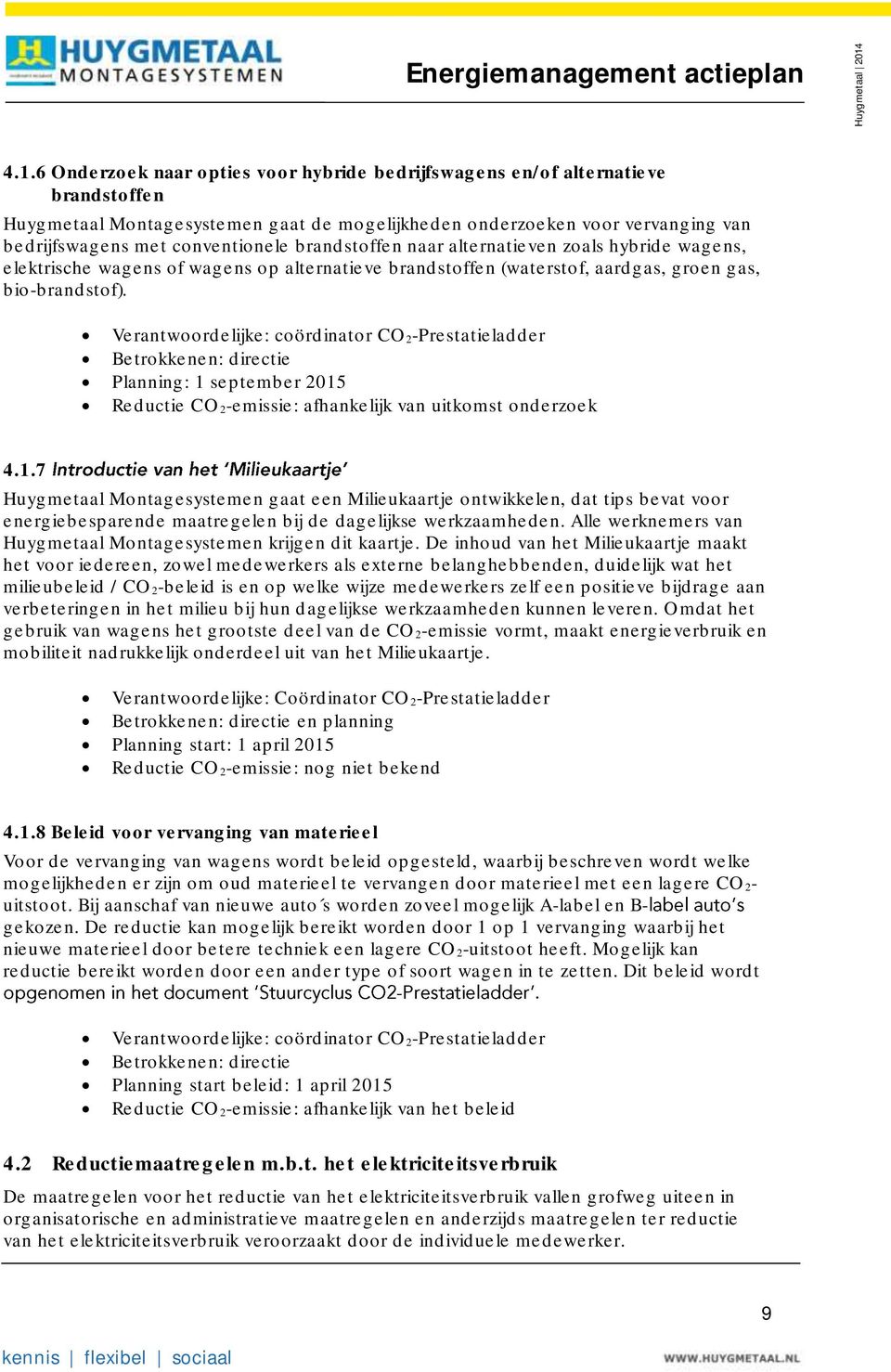 Betrokkenen: directie Planning: 1 september 2015 Reductie CO 2-emissie: afhankelijk van uitkomst onderzoek 4.1.7 Huygmetaal Montagesystemen gaat een Milieukaartje ontwikkelen, dat tips bevat voor energiebesparende maatregelen bij de dagelijkse werkzaamheden.