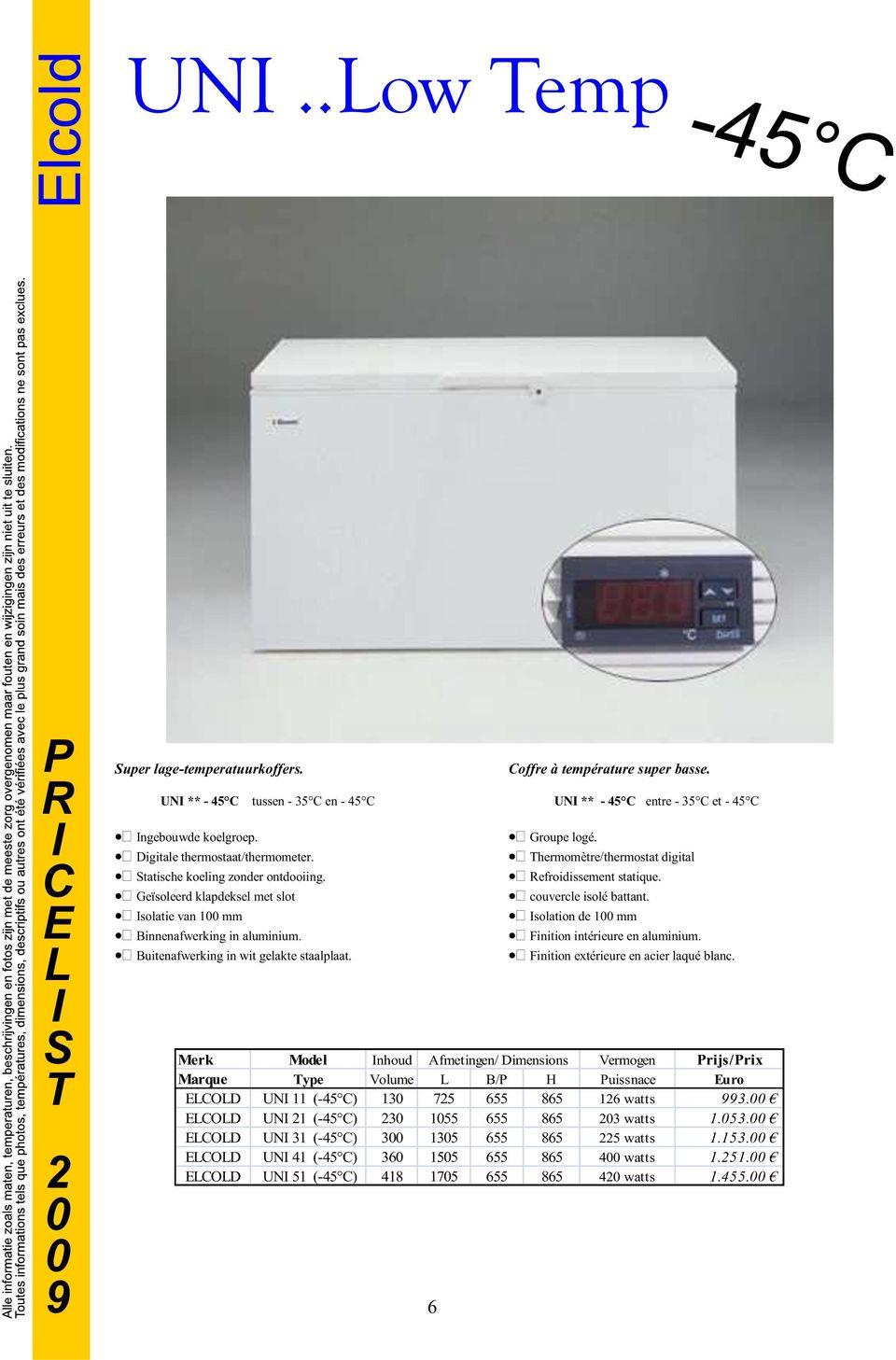 hermomètre/thermostat digital efroidissement statique. couvercle isolé battant. solation de 1 mm Finition intérieure en aluminium. Finition extérieure en acier laqué blanc.