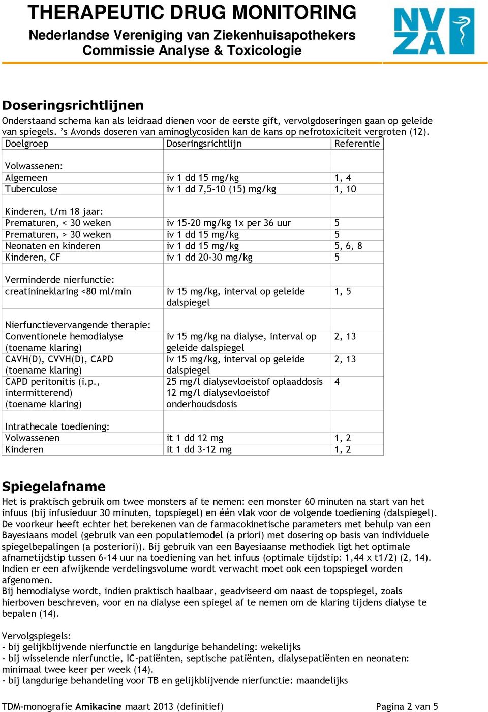 Doelgroep Doseringsrichtlijn Referentie Volwassenen: Algemeen iv 1 dd 15 mg/kg 1, 4 Tuberculose iv 1 dd 7,5-10 (15) mg/kg 1, 10 Kinderen, t/m 18 jaar: Prematuren, < 30 weken iv 15-20 mg/kg 1x per 36