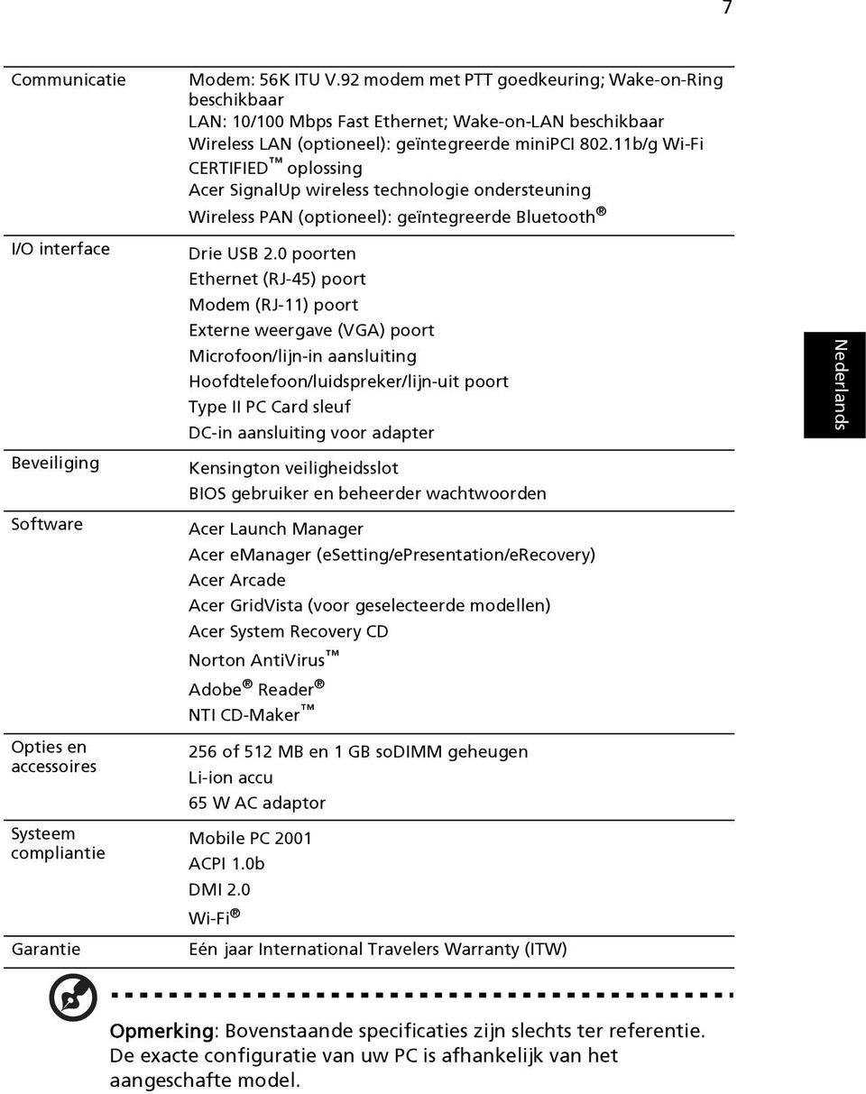 11b/g Wi-Fi CERTIFIED oplossing Acer SignalUp wireless technologie ondersteuning Wireless PAN (optioneel): geïntegreerde Bluetooth Drie USB 2.