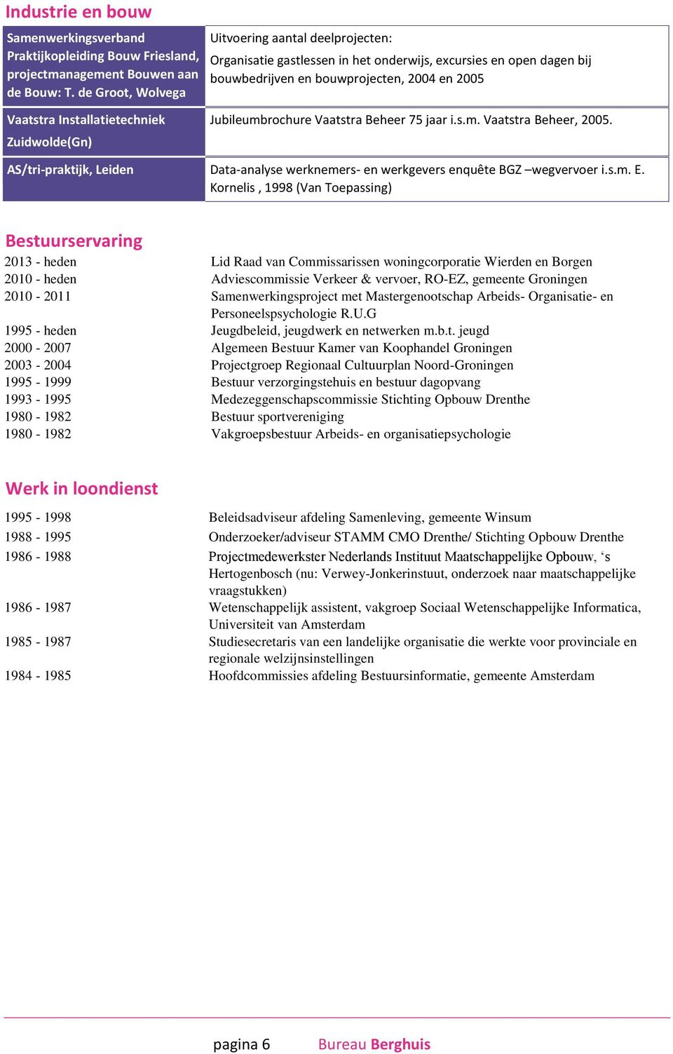 Zuidwolde(Gn) Jubileumbrochure Vaatstra Beheer 75 jaar i.s.m. Vaatstra Beheer, 2005. AS/tri-praktijk, Leiden Data-analyse werknemers- en werkgevers enquête BGZ wegvervoer i.s.m. E.