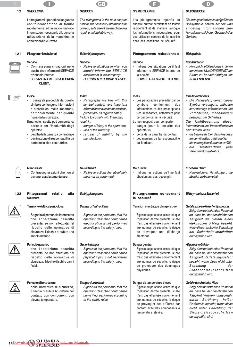macchina in condizioni di sicurezza. The pictograms in the next chapter provide the necessary information for correct, safe use of the machine in a rapid, unmistakable way.