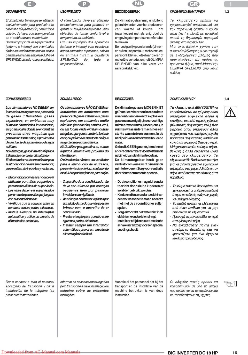 Un uso impropio de los equipamientos (externo e interno) con eventuales daños causados en personas, cosas o animales libran a la empresa OLIMPIA SPLENDID de toda responsabilidad.