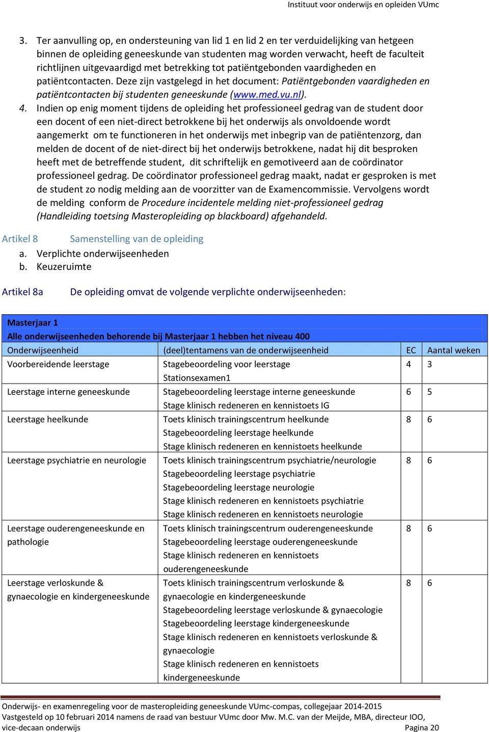 Deze zijn vastgelegd in het document: Patiëntgebonden vaardigheden en patiëntcontacten bij studenten geneeskunde (www.med.vu.nl). 4.