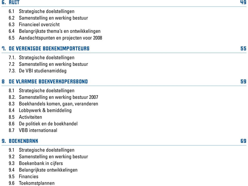 De VBI studienamiddag 8 De Vlaamse Boekverkopersbond 59 8.1 Strategische doelstellingen 8.2. Samenstelling en werking bestuur 2007 8.3 Boekhandels komen, gaan, veranderen 8.