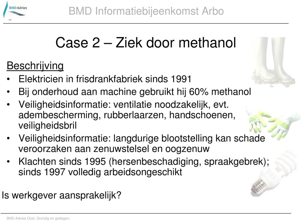 adembescherming, rubberlaarzen, handschoenen, veiligheidsbril Veiligheidsinformatie: langdurige blootstelling kan