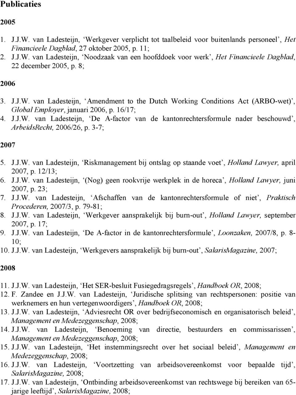 3-7; 2007 5. J.J.W. van Ladesteijn, Riskmanagement bij ontslag op staande voet, Holland Lawyer, april 2007, p. 12/13; 6. J.J.W. van Ladesteijn, (Nog) geen rookvrije werkplek in de horeca, Holland Lawyer, juni 2007, p.