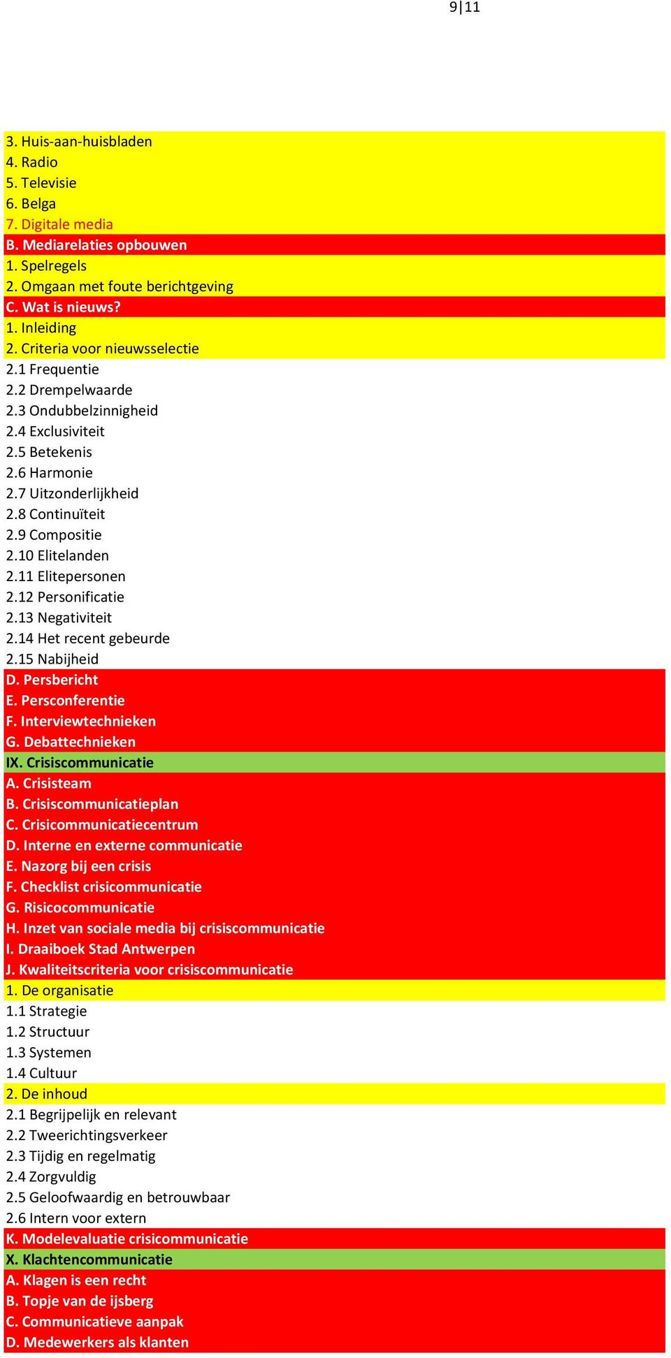 12 Personificatie 2.13 Negativiteit 2.14 Het recent gebeurde 2.15 Nabijheid D. Persbericht E. Persconferentie F. Interviewtechnieken G. Debattechnieken IX. Crisiscommunicatie A. Crisisteam B.