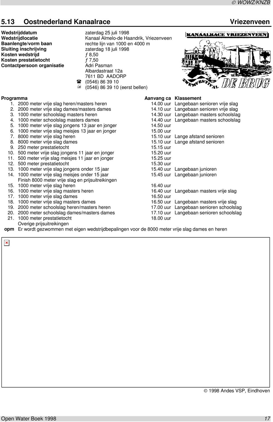 bellen) Programma Aanvang ca Klassement 1. 2000 meter vrije slag heren/masters heren 14.00 uur Langebaan senioren vrije slag 2. 2000 meter vrije slag dames/masters dames 14.