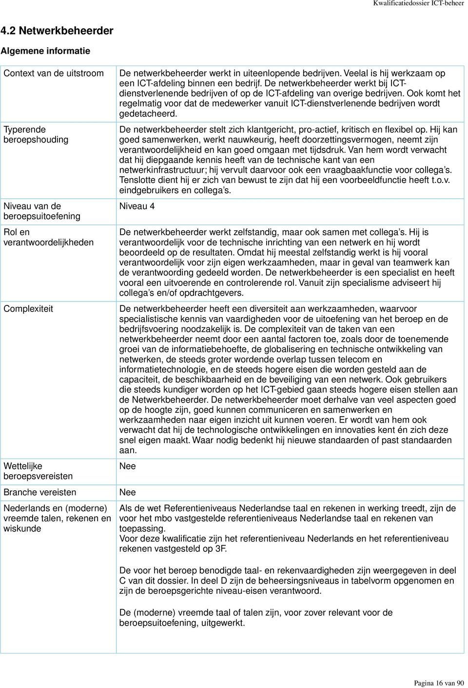 vereisten Nederlands en (moderne) vreemde talen, rekenen en wiskunde De netwerkbeheerder werkt in uiteenlopende bedrijven. Veelal is hij werkzaam op een ICT-afdeling binnen een bedrijf.