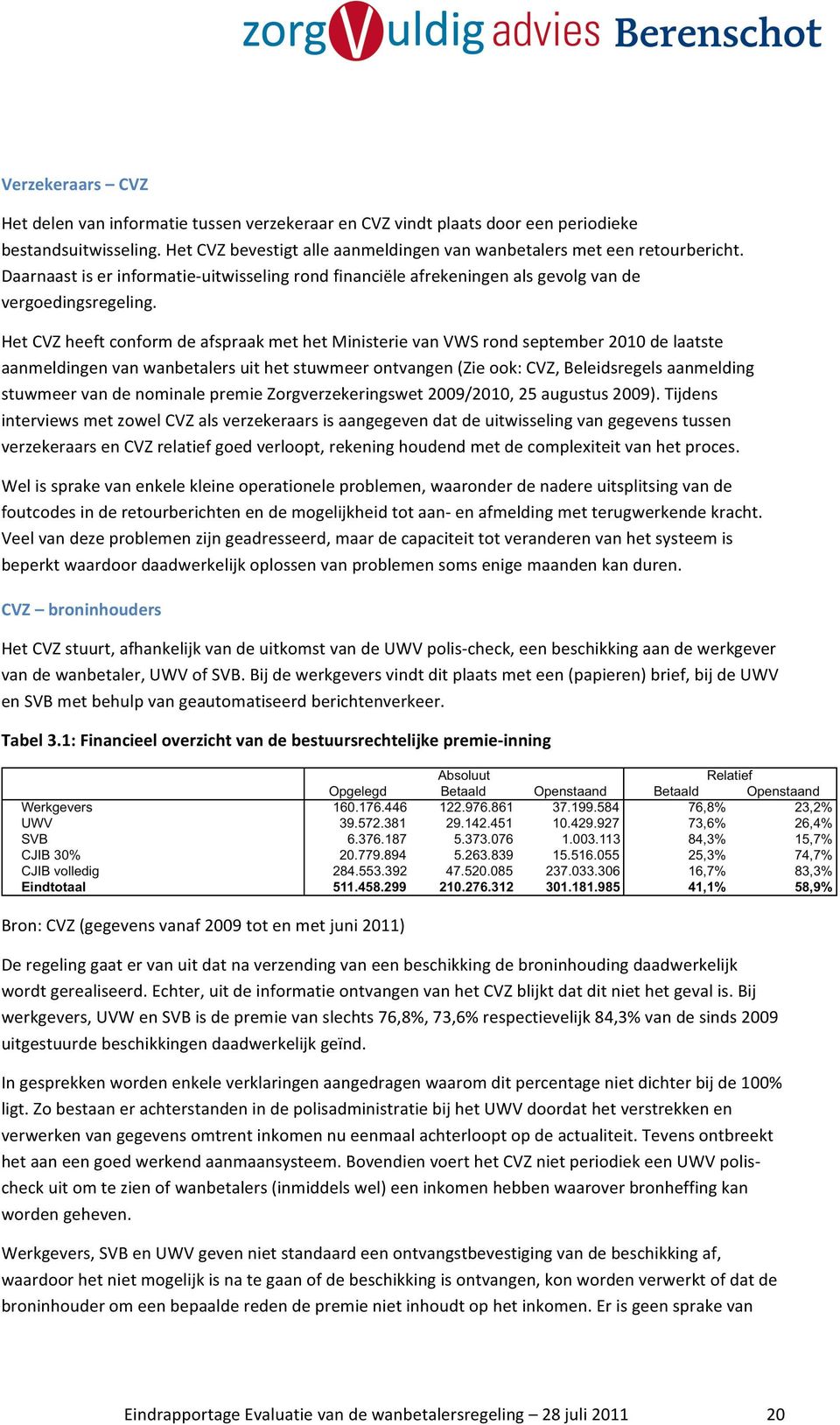 Het CVZ heeft conform de afspraak met het Ministerie van VWS rond september 2010 de laatste aanmeldingen van wanbetalers uit het stuwmeer ontvangen (Zie ook: CVZ, Beleidsregels aanmelding stuwmeer