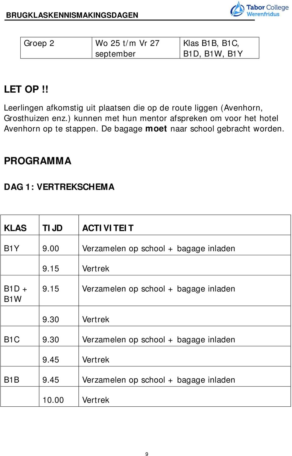 ) kunnen met hun mentor afspreken om voor het hotel Avenhorn op te stappen. De bagage moet naar school gebracht worden.