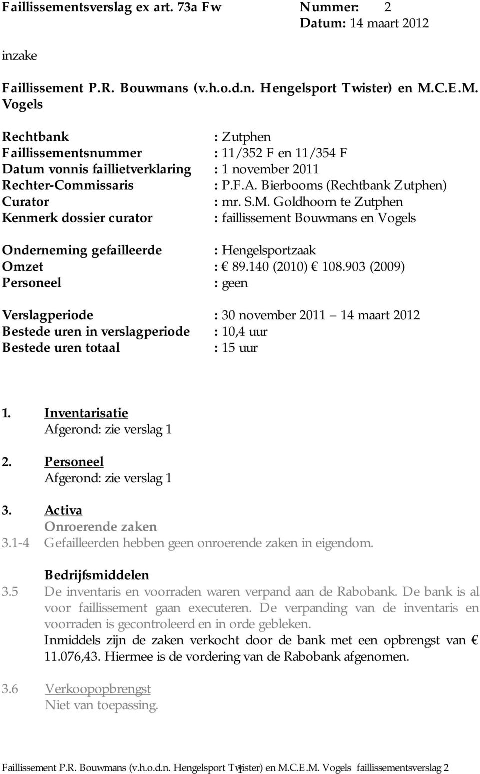 S.M. Goldhoorn te Zutphen Kenmerk dossier curator : faillissement Bouwmans en Vogels Onderneming gefailleerde : Hengelsportzaak Omzet : 89.140 (2010) 108.