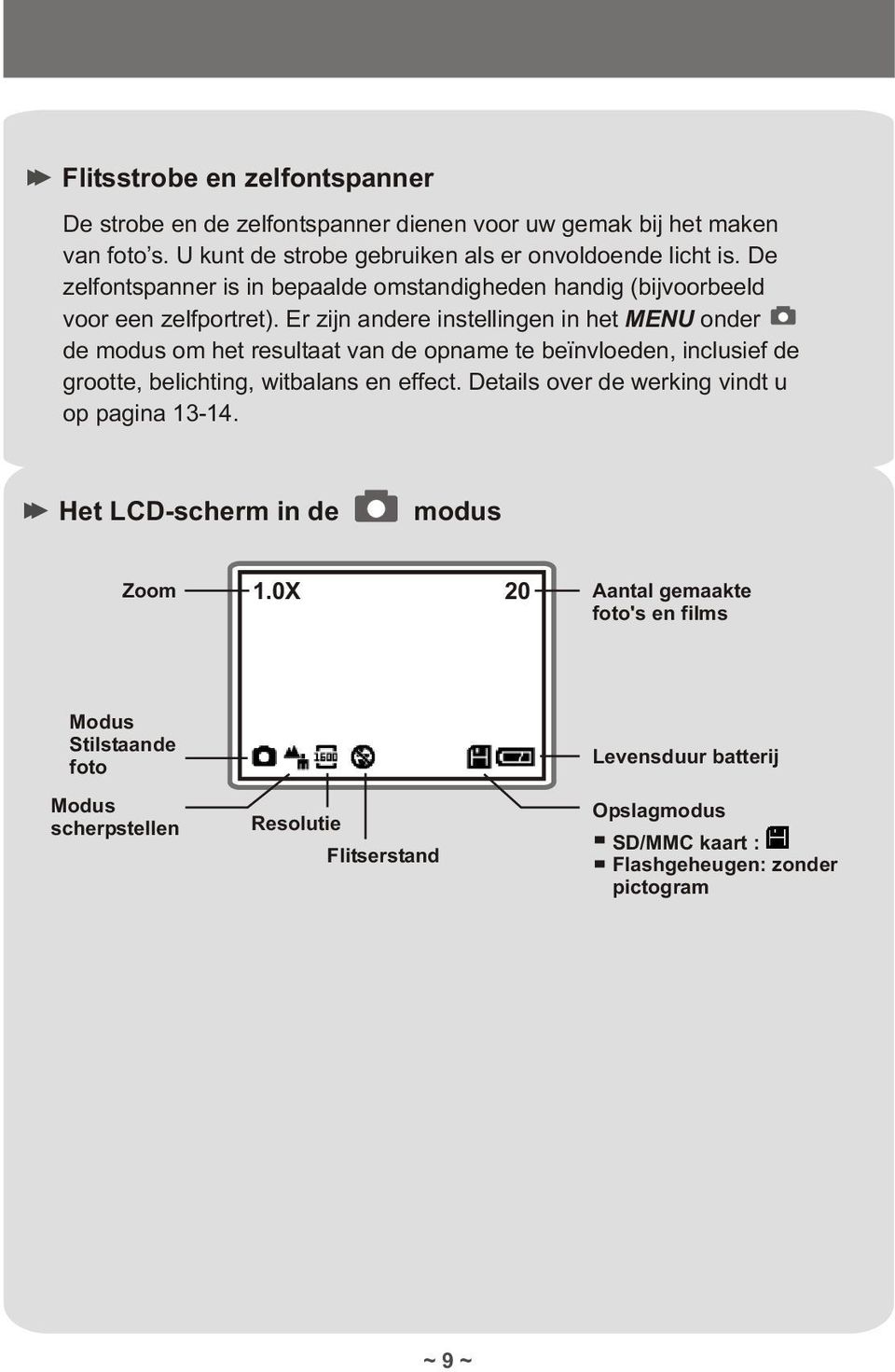 Er zijn andere instellingen in het MENU onder de modus om het resultaat van de opname te beïnvloeden, inclusief de grootte, belichting, witbalans en effect.