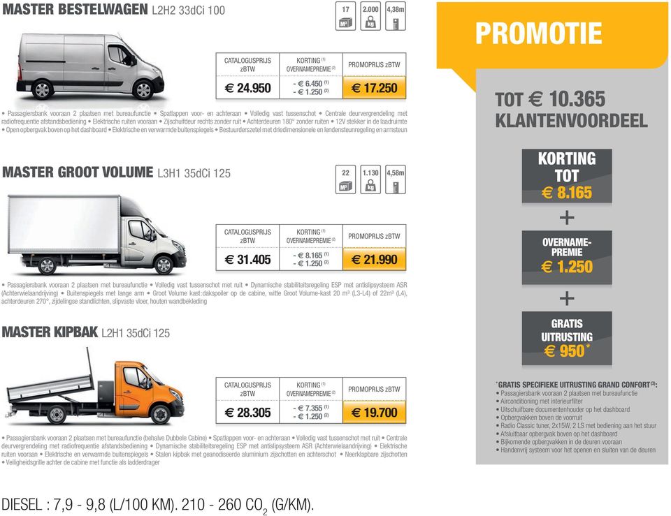 vooraan Zijschuifdeur rechts zonder ruit Achterdeuren 180 zonder ruiten 12V stekker in de laadruimte Open opbergvak boven op het dashboard Elektrische en verwarmde buitenspiegels Bestuurderszetel met